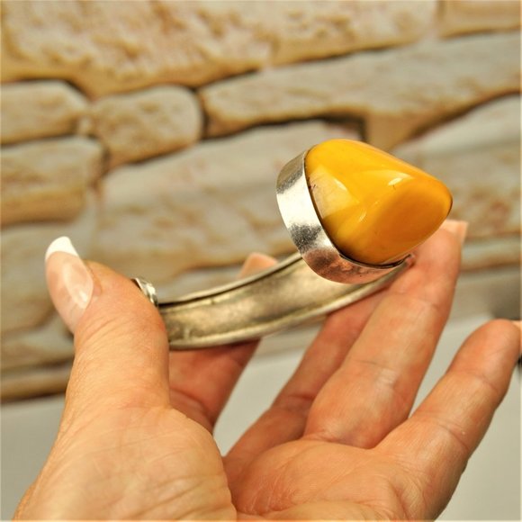 BOLD AMBER 925 SILVER ASYMMETRICAL BRACELET, Egg Yolk Amber Stone, Rare to Find - Picture 9 of 10